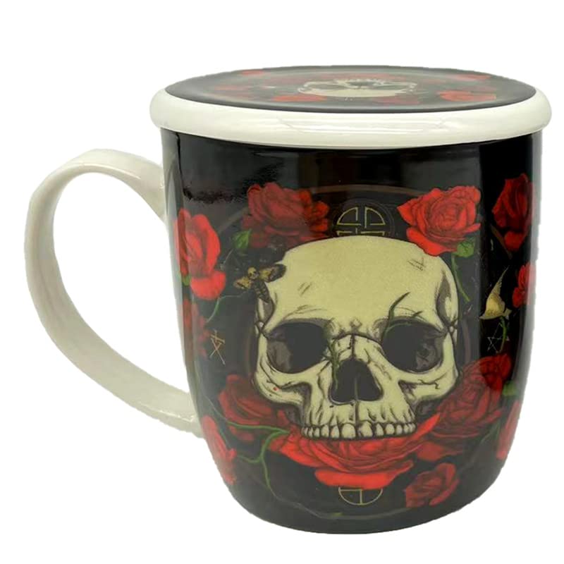 Puckator Skulls and Roses Infuser Tea Coffee Mug Set with Lid - Funny Home Accessories - Cute Gifts for Girlfriend - Large Mugs for Men Women Hot Drinks - Cute Cups Presents Secret Santa Gift Cup Set