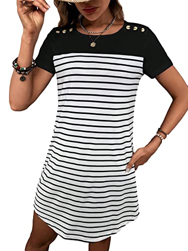 La mejor comparación de Vestido negro blanco - los mas comprados. 34 SOLY HUX - Vestido de verano de manga corta a rayas para mujer, negro blanco (Black White Striped), Small