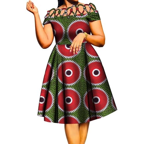 Image of XIAOHUAGUA African Dresses for Women Cotton Cutout Neck Short Sleeve Ankara Dashiki Cocktail Party A-Line Flare Dress