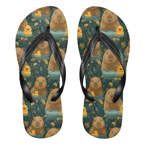 ALAZA Cute Capybara Yellow Ducks Flip Flops for Women Fashion Beach Slippers Comfort Mens Flip Flops Non-Slip Rubber Shower Slippers Sandal for Hotel Travel Sport,XS