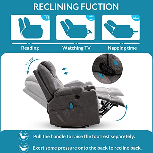 Ouinch Manual Swivel Glider Rocker Recliner Chair With Massage And Heat, 2 Usb Ports, 2 Cup Holders, 2 Side Pockets And 2 Front Pockets, Bronze Suede Fabric (Grey) #TOP2