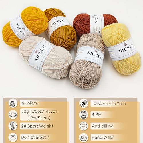 Image of NICEEC 300g Soft Assorted Colors Yarn - Sport Weight,100% Acrylic, 4 Ply, Bonbons Yarn for Crochet & Knit, DIY Project Starter Kit for Kids or Adults(Total 870yds) - Yellow