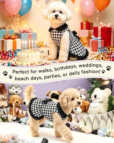 Image of CuteBone Vintage Houndstooth Pet Dress with Peter Pan Collar - Classic Black & White Pattern - Sleeveless Ruffled Skirt with Bow for Small Dogs, Cats - Elegant Daily & Party Wear