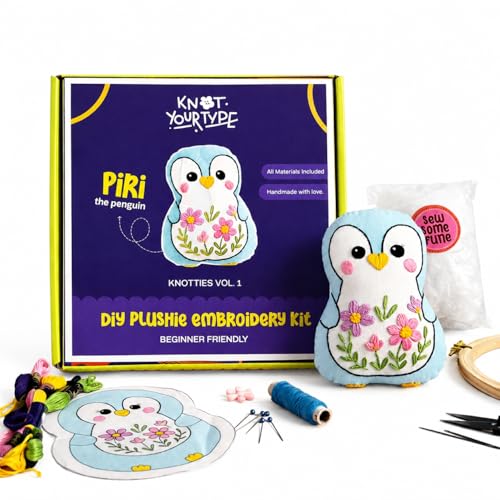 Image of KNOT YOUR TYPE DIY Plushie Kit - Piri The Penguin | Beginner Friendly Sewing & Embroidery Kit | Complete Craft Kit with Hoop, Fabric, Threads & Tools | Cute Handmade Gift & Hobby Kit