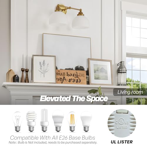 Image of 2-Lights Milk White Glass Wall Sconce Lighting Brass Finished, Double Arm Bathroom Vanity Light Fixture for Bedroom Living Room Dining Room Hallway