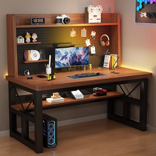 NOBBAT パソコンデスク ツインデスク 作業机 収納付きデスク 学習机 コンパクト 天板の厚さ5cm DIY収納用の有孔ボード付き 耐荷重300kg 複数の色が利用可能 省スペース 在宅勤務 頑丈で組立簡単 おしゃれ 勉強机(ウォルナット,120x60