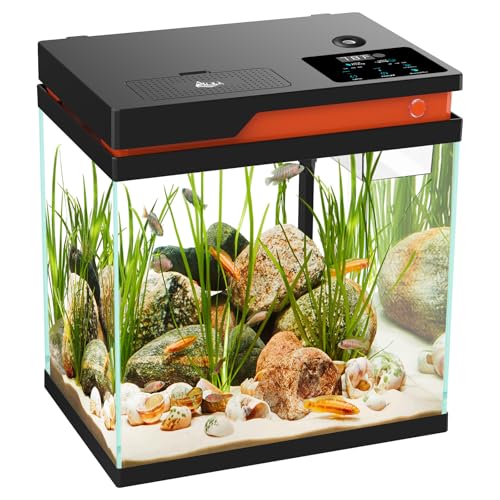 Fish Tank Smart Aquarium Kit, 3.6 Gallon Multi-Layer Filtration System Silent Water Pump, Temperature Display 8 Colors Lighting Auto Feeder Aromatherapy Box for Fish Betta Room Desktop Decor