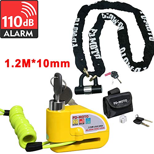 FD-MOTO 1,2Mx10mm 3KG Cerradura de Cadena de Moto de Acero + 110dB Bloqueo de Disco de Alarma Amarillo