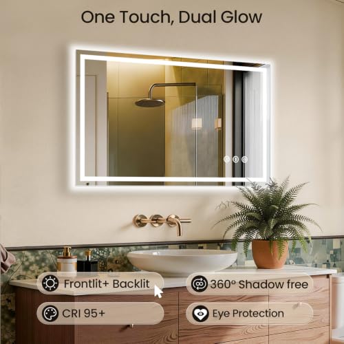 Image of 48x30 LED Bathroom Mirror with Anti-Fog, Backlit & Front Lights, Memory | Dimmable 3 Color CRI 95+ Shatterproof Tempered Glass ETL Listed for Safety Lighted Bathroom Vanity Mirror for Wall