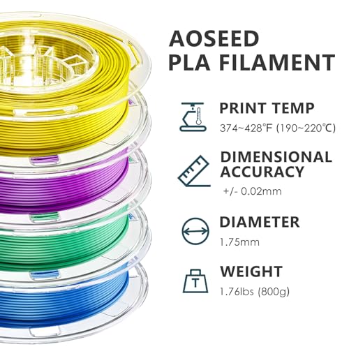 Image of AOSEED 3D Printer Filament Bundle, 1.75mm (±0.03mm) PLA Filament Set for Most 3D Printers, 4-Pack 200g (0.44lbs) Per Spool, Purple, Green, Blue, Yellow
