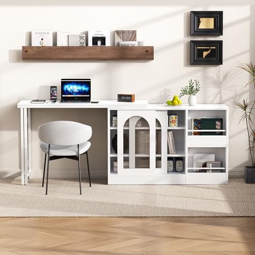 Merax Table de bar moderne avec espace de rangement et design rotatif à 360° - Table de cuisine extensible avec étagère, porte en verre et buffet - Table...