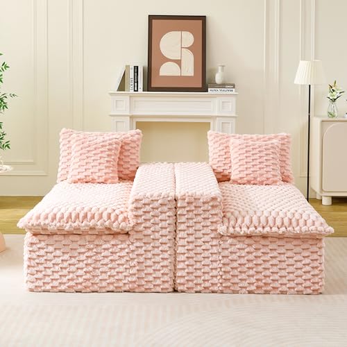 Image of KEIKI 120 inch Modular Boneless Couch Full Chaise for Living Room, 4-Seater Sectional Couches for Living Room Furniture, Deep Seat Large Comfy Sofa Bed for Small Space Bedroom Pet Friendly, Pink