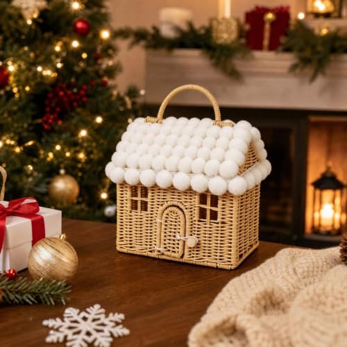 Winter Cottage Shaped Christams Decorative Basket W/Fluffy Balls Roof - image 4