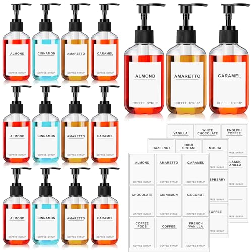Mumufy Set of 12 Coffee Syrup Dispenser PET Syrup Pump Bottle Black Plastic Container with 27 Labels for Kitchen Restaurant Home Bar Accessories Organization(7 oz) by Mumufy - Used condition - US$23.36