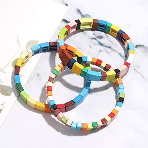 NVENF Tile Bracelets Enamel Rainbow Tile Bead Bracelets Colorblock Stackable Stretch Bracelets Bohemia Tile Strand Bangle Bracelet Set for Women Men4