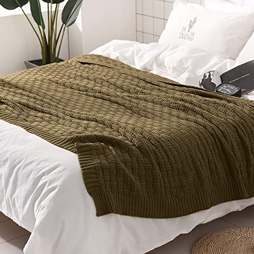 Image of TREELY 100% Cotton Knitted Throw Blanket, 50 x 60 Inches, Khaki