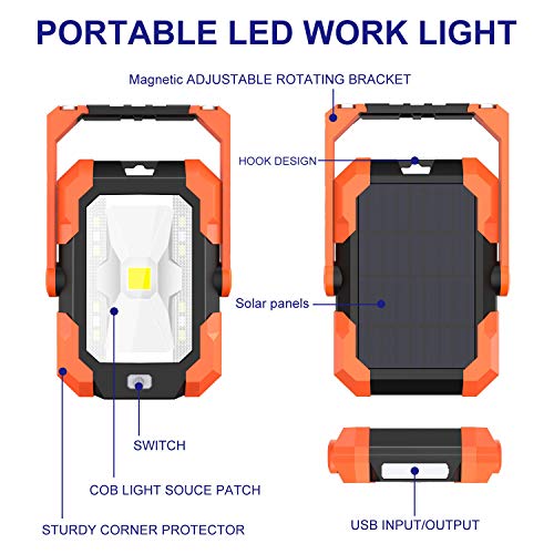 Portable LED Work Light,BEIEN Rechargeable Solar Work Lights 4400 mAh,Waterproof COB Flood Light with Magnetic Hanging Hook,30W 1000LM for Car Repairing,Camping,Hiking,Backpacking,Fishing
