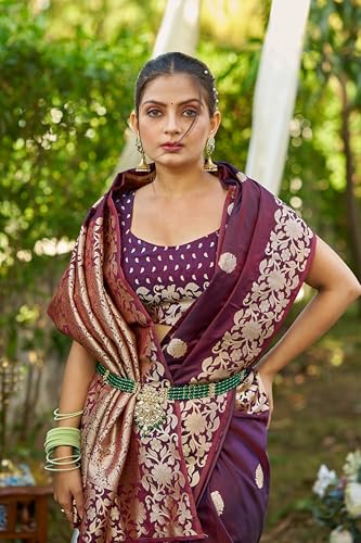 Image of SWORNOF Women's kanjivaram banarasi silk saree Zari Woven for festival Wedding silk with rich pallu Design sarees for women with Unstitched blouse piece