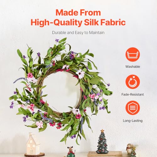 Image of VEVOR Spring Wreath for Front Door 22 Inch - Large Artificial Flower Wreath with Daisy & Lavender, Year-Round All Season Outdoor Indoor Door Decor