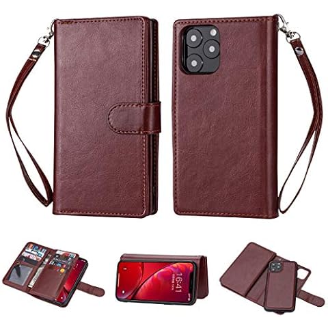 iPhone 11 Pro Wallet Case [2 in 1 Detachable] Vintage Leather Wallet Case Magnetic Detachable Slim Back Cover Card Holder Wrist Strap (Brown) Cover
