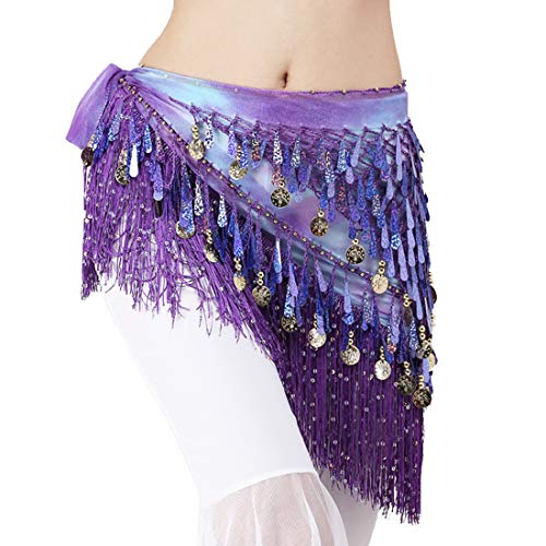 Lauthen.S Belly Dance Hip Scarf with Tassels Sequins Triangle Coins Wrap Skirt Music Festival Clothing Purle