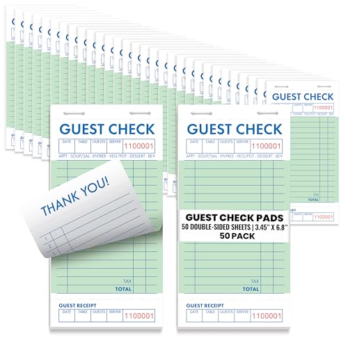 Guest Check Pads, Waitress Notepad for Restaurants, Server Pads, 50 Double-Sided Perforated Sheets, 2500 Total Sheets, 6.8" x 3.4", by Better Office Products (50 Pack)