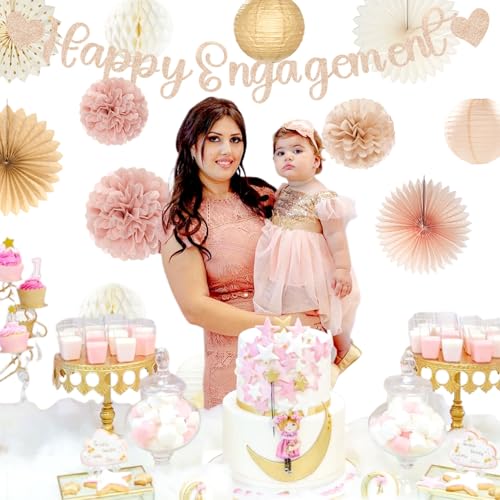 Image of Champagne-Gold Fall Boho Happy-Engagement Party-Decorations - 21pcs Women She Said Yes Proposal Banner Streamers, Beige One Sweet Peach Paper Lanterns,Flower Tissue Pom Poms Fan Favors Decor Huglony