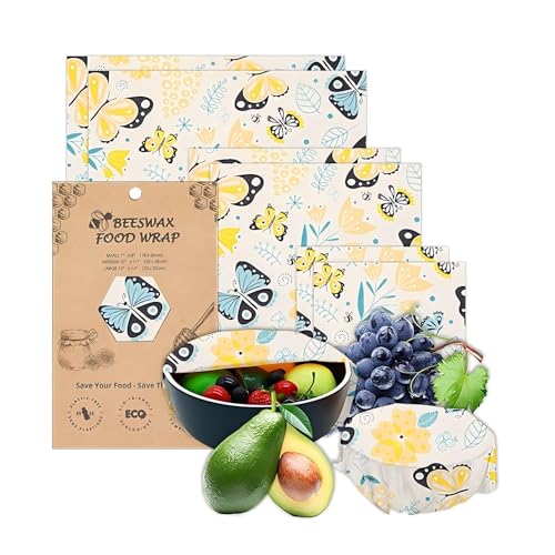 Envolturas de cera de abeja para alimentos, papel de envoltura de abejas con patrón de mariposa, paquete de 5 envoltorios de cera de abeja, 3 tamaños, envoltorios de cera de abejas reutilizables (2S