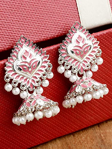 Image of Karatcart Silver Tone Diamond Shape Pink and Blue Carved Stone Studded Drop Earrings for Women