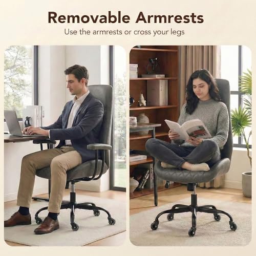 Image of E-Motie Leather Office Chair, Mid Century Modern Desk Chair, Dark Grey | Ergonomic, Lumbar Support, 360 Swivel & Rolling Wheels, Adjustable Height, for Adults & Women