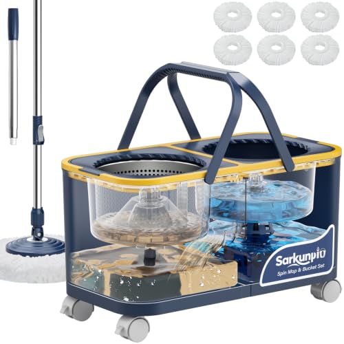 Sarkunpio Cubo Fregona Escurrefácil con 4 Cámaras y 4 Ruedas, Sistema de Fregona Giratoria y Cubo Giratorio 360º, Separa el Agua Limpia y la Sucia, Sistema de Limpieza de Suelos con 6 Cabezales