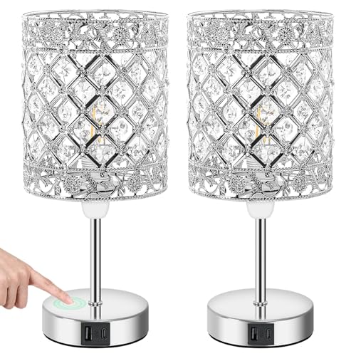 Image of Aomeya Touch Control Crystal Table Lamp Set of 2,with USB-C&USB-A Charging Ports,3-Way Dimmable Bedside Lamps for Bedroom Living Room E14 Base Bulb Included