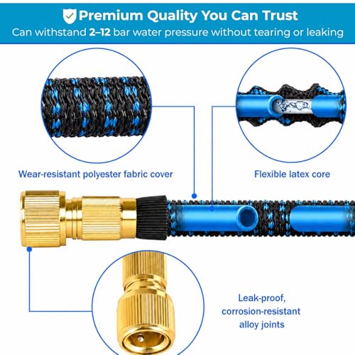 Image of Expandable Telescopic Garden Hose 75FT with 10 Spray Patterns Nozzle |Flexible Water Hose Pipe with 3 /4 Inch & 1 /2 Inch Fittings, Brass Connectors, Leak Proof & Kink Free for Car Washing |Black&Blue
