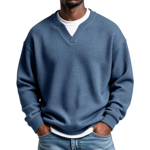 Mens Waffle Long Sleeve Shirt Knit Textured V Neck Pullover Sweatshirt - image 1