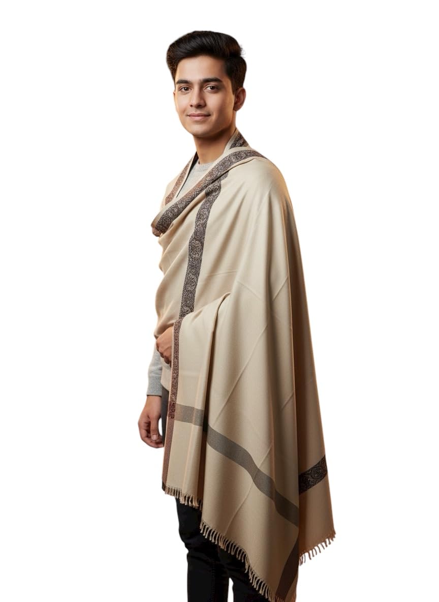 Lohi Premium Winter Shawl for Men, Beige Wool Blend with Traditional Border Pattern, Elegant Draped Design-image-29