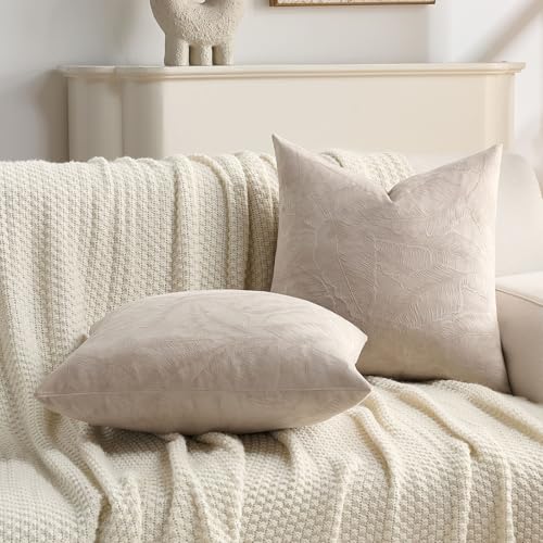 Image of FUTEI Pack of 2 Velvet Throw Pillow Covers 12x20 Inch Soft Embossed Leaf-Relief Textured Decorative Lumbar Pillowcases Modern Natural Farmhouse Accent for Couch Bed Living Room, Oatmeal