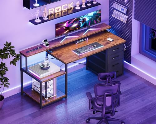 Image of ODK 55 Inch Computer Desk with 4 Drawers, Office Desk with Power Outlets, Printer Shelf & Storage Shelves, Large Writing Study Table for Home, Bedroom, Study or Gaming Setup, Vintage