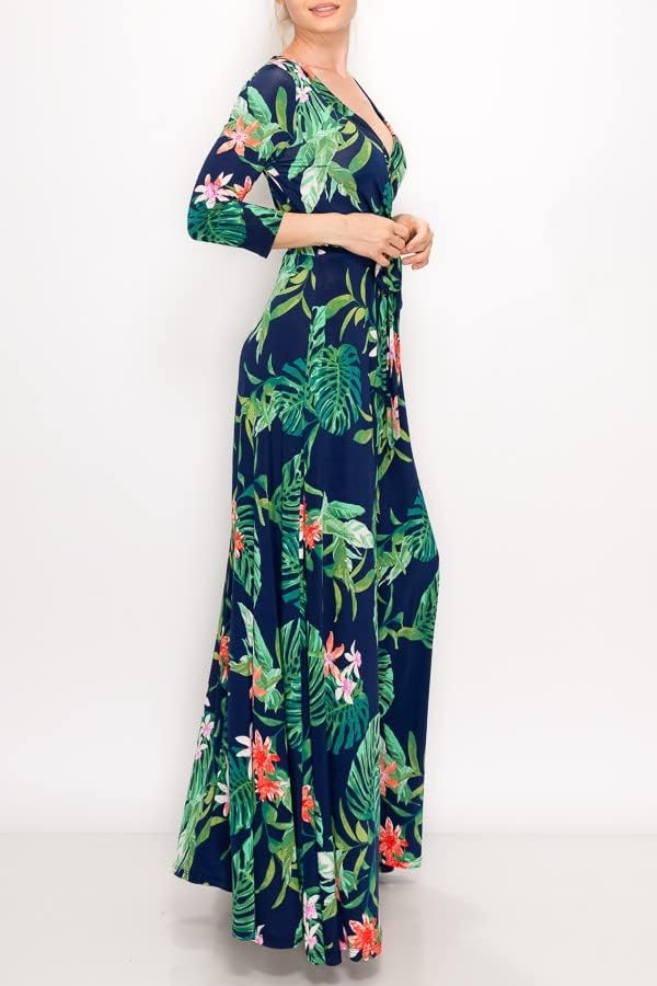 Women's 3/4 Sleeve V-Neck Printed Maxi Faux Wrap Dress 179 Navy Pink S - Image 3