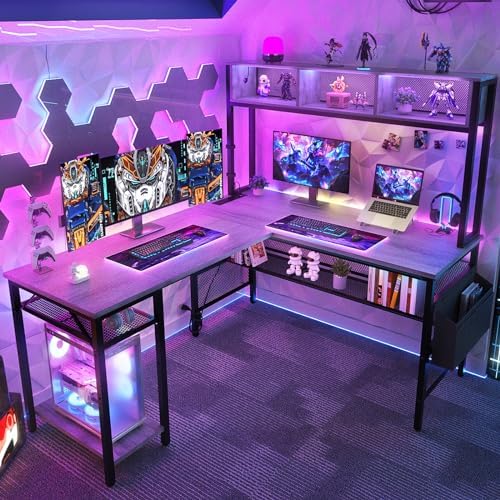 Amazon.com: Aheaplus L Shaped Gaming Desk with LED Lights & Power ...