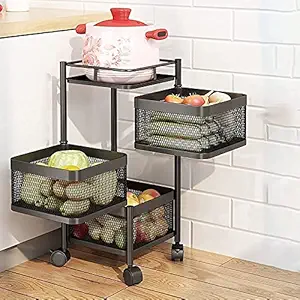 Kitchenwell 3 Layer Multi-Purpose Trolley Storage Organizer Items And kitchen accessories items for Kitchen Storage Rack Square Design Fruits & Vegetable Onion Cutlery (Matt Black)