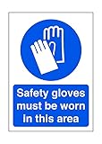 Los guantes de seguridad deben usarse en esta zona. Señal de seguridad. Plástico rígido de 1,2 mm para uso en interiores y exteriores (300 mm x 200 mm). Distancia de visualización dentro de 7 m.