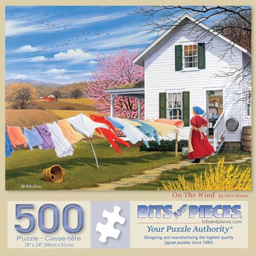 Bits and Pieces - Rompecabezas de 500 piezas para adultos - 18" x 24" - On The Wind - Rompecabezas del campo 'Countryside Laundry Line' de John Sloane