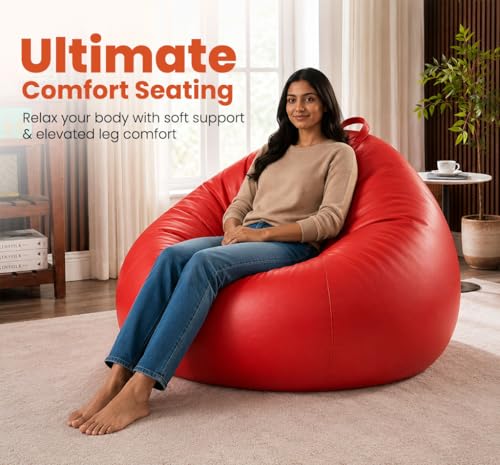 Image of Sattva Classic 2XL Bean Bag Chair with Beans Filled | Faux Leather Sofa Style Bin Bags Chair with Beans Filling | Comfort Beam Bag Sofa for Adults & Teens, Living Room & Office - Red