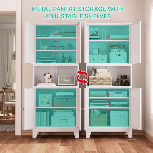 Image of 69 inch H Metal Pantry Cabinet with Open Shelf,13.78 inchDeep By 28 inch Wide Storage Cabinet with Doors and Adjustable Shelves,Microwave Stand,for Kitchen Dining Room Bathroom,White 1Pc