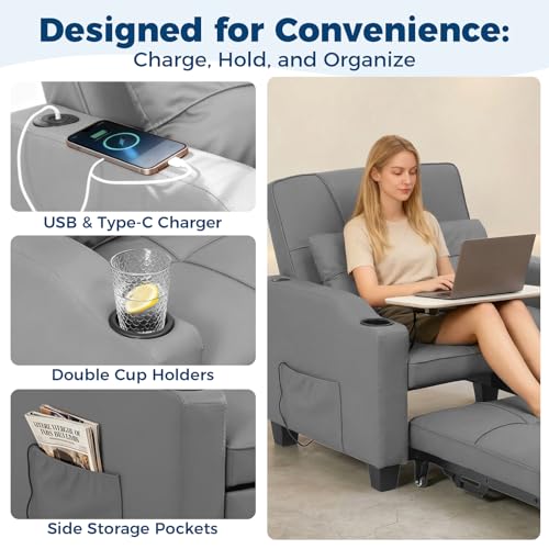 4 in 1 Convertible Sleeper Chair Bed with Vibration Massage Lumbar Pillow, Single Sofa Recliner Featuring USB/Type-C Port, Cup Holders & Side Pocket, Space-Saving Pull Out Bed for Small Spaces, Grey by EliteEdge - Image 6