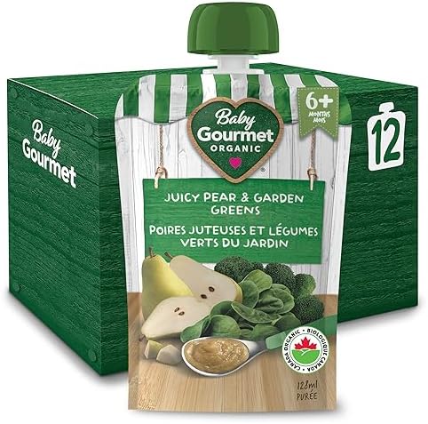 Baby Gourmet Juicy Pear & Garden Greens Purée, 12 × 128 mL Pouches | 6 Months+ | Organic Baby Food | No Added Sugar or Salt | Made in Canada