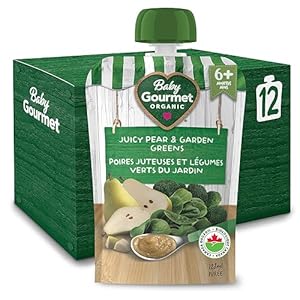Baby Gourmet Juicy Pear & Garden Greens Purée, 12 × 128 mL Pouches | 6 Months+ | Organic Baby Food | No Added Sugar or Salt | Made in Canada