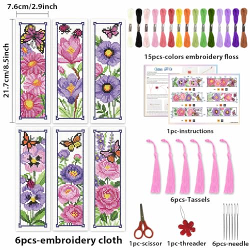 Image of ACRNIGHEET 6PCS Cross Stitch Bookmark Kit for Beginner Stamped Cross Stitch Kits for Adults Floral DIY Tassel Embroidery Bookmark Kits Needlepoint Kit with Instructions Craft Gift 8.5''x3'' 11CT