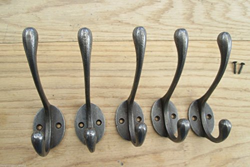 Ironmongery World® Lot de 5 portes-manteaux en fonte de style victorien avec crochets pour chapeau et manteau Avec vis Effet vieilli naturel
