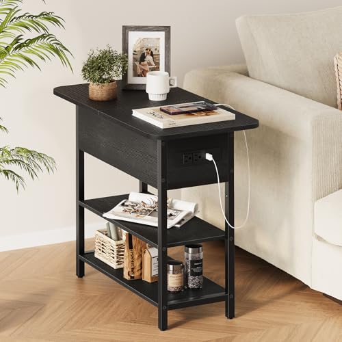 Image of Yoobure End Table with Charging Station, Flip Top Side Table with USB Ports and Outlets, Sofa Couch Table Bedside Table for Living Room Bedroom, Narrow Nightstand with Storage Shelves for Small Space